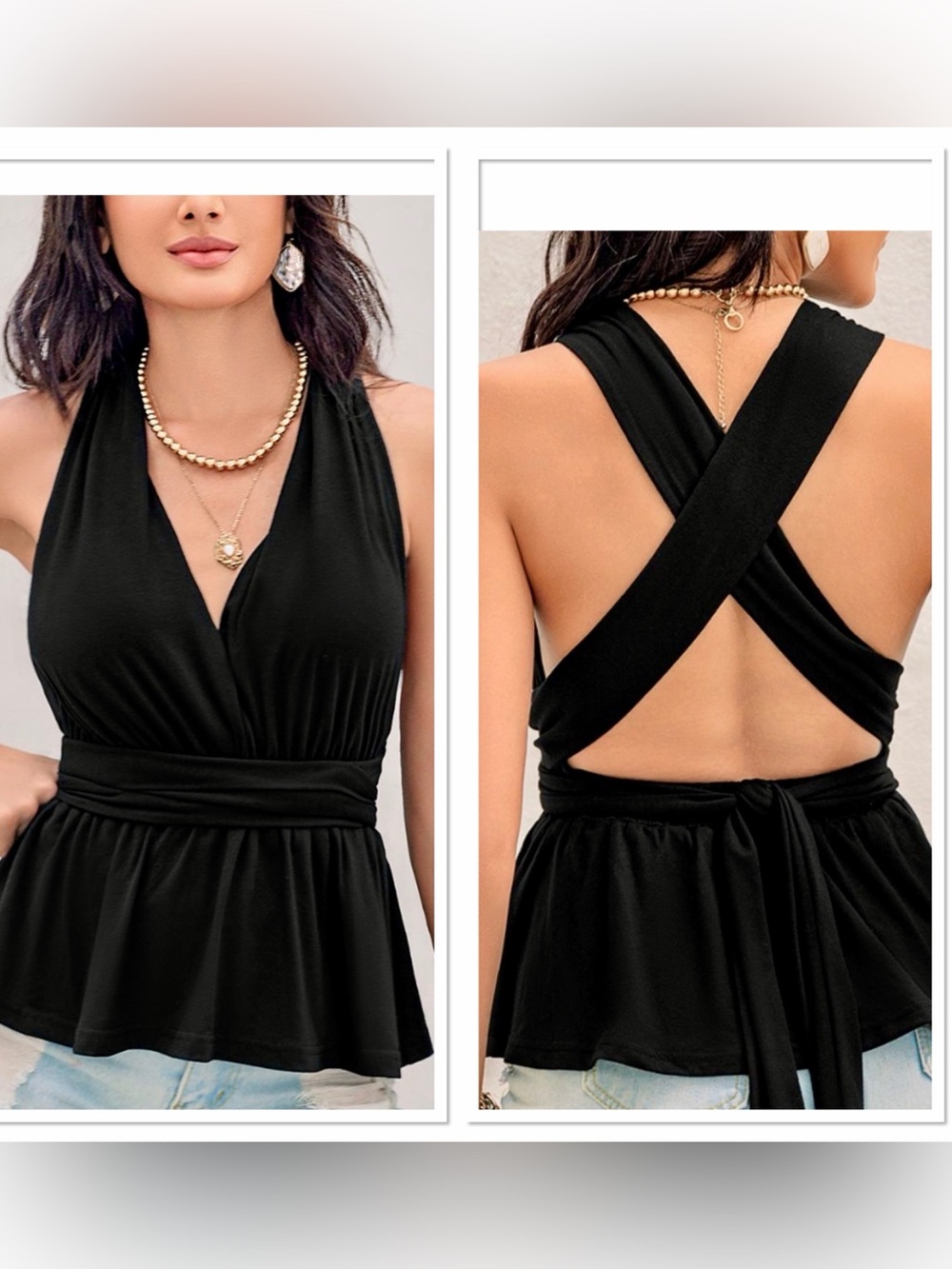 ♥️Hello Gorgeous! Tied Backless Peplum Blouse Top- Black